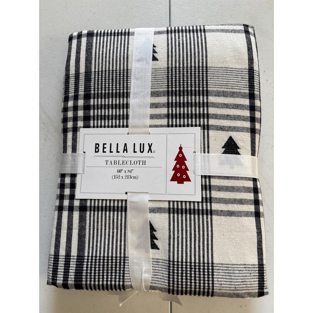 Bella Lux Christmas Tablecloth Black White Plaid Tree Metallic 60x84 Oblong NEW